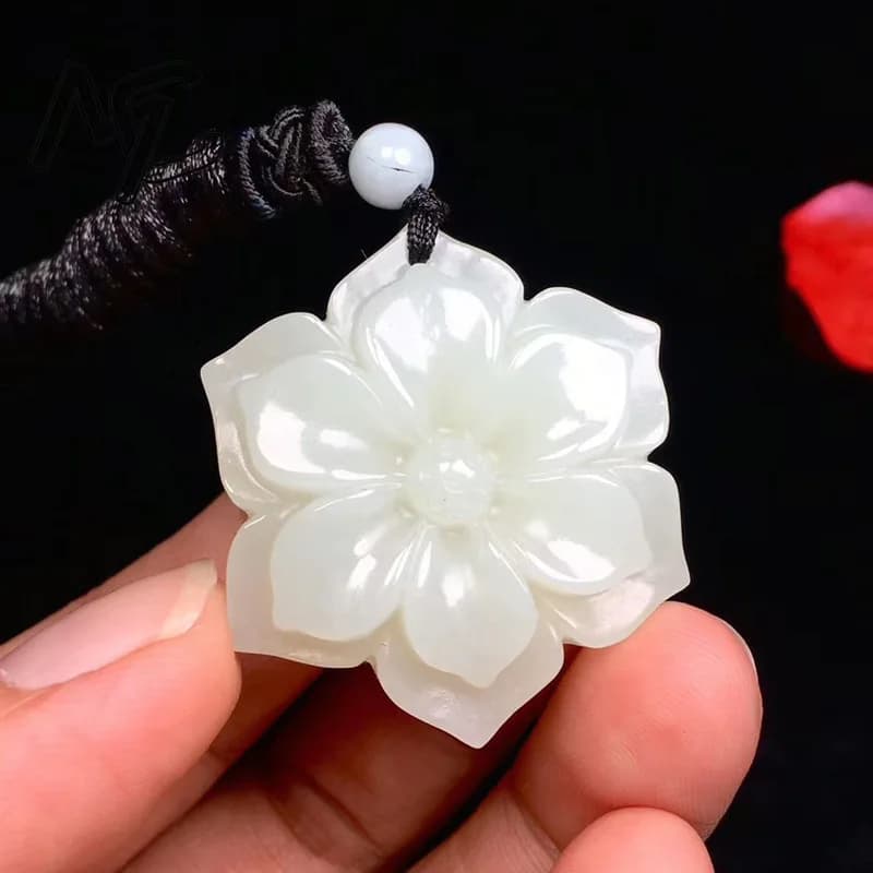 Natural Chinese White Jade Pentagonal Flower Pendant Hand-carved Ladies Necklace Fashion Luxury Jewelry Girlfriend Mom…