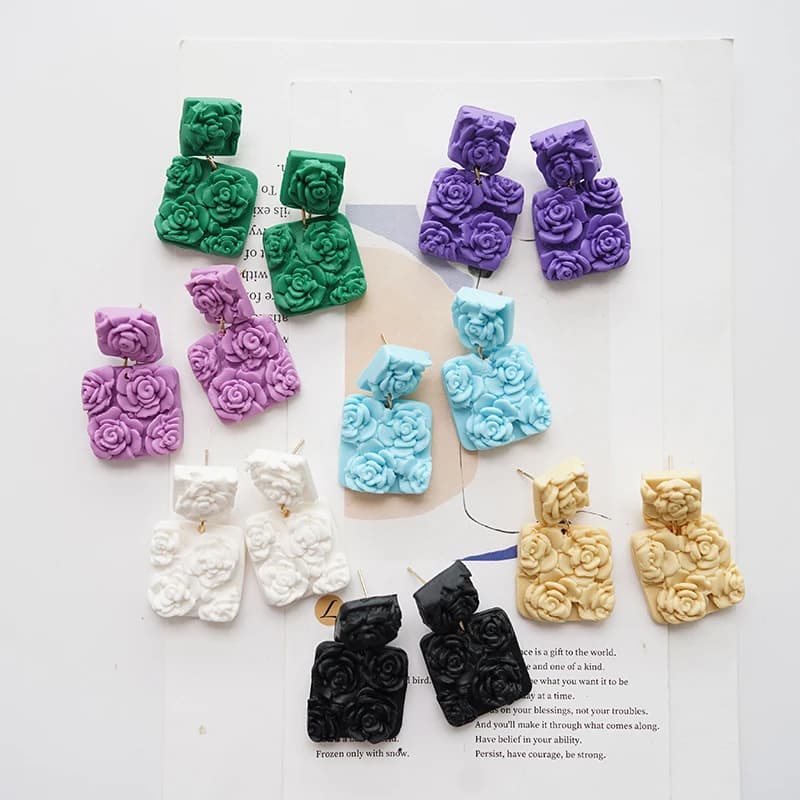 Solid Multi-Color Square Chip Dangle Earrings Set with Full 3D Floral Resin Tranparent Top Polymer Clay Party Gifts And Shows