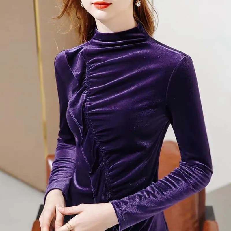 plus Size Long Sleeve Turtleneck Velvet Shirt Slim Fit Casual Solid Color Basic Top for Spring Autumn Winter Velour…