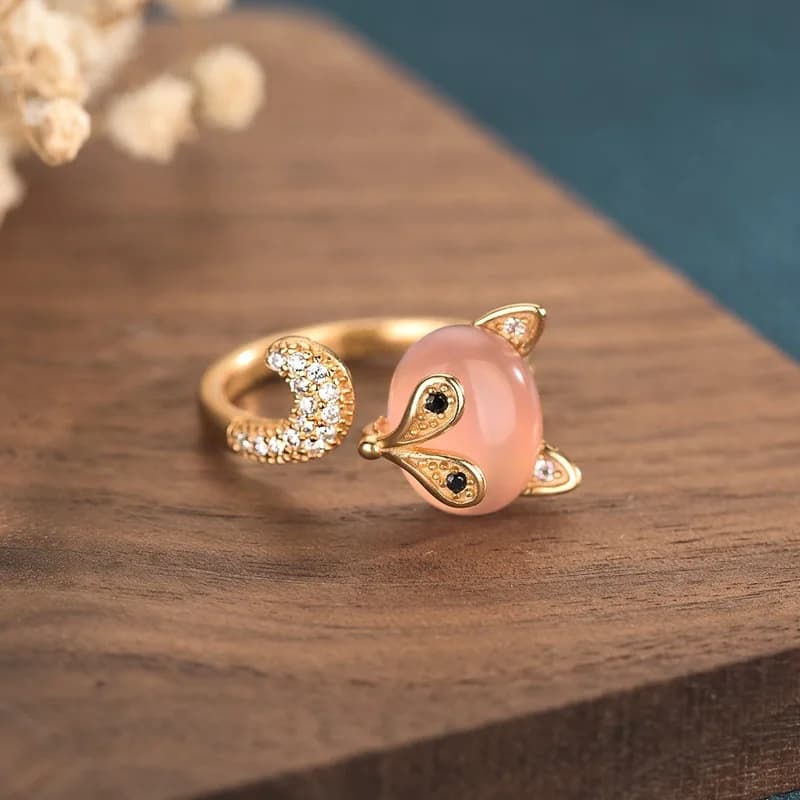 Pink Natural Jade Fox Rings Real Jewelry Talismans Vintage Adjustable Ring Gifts for Women Charm Lucky