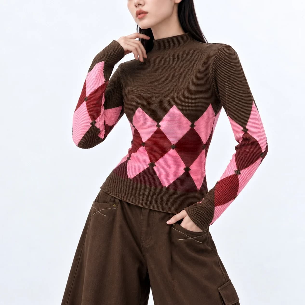 Fold Miyake Pleated Argyle Sweater Women Mock Neck Long Sleeve Brown Pink 2026 Fall Winter Preppy Retro Cozy Chic…