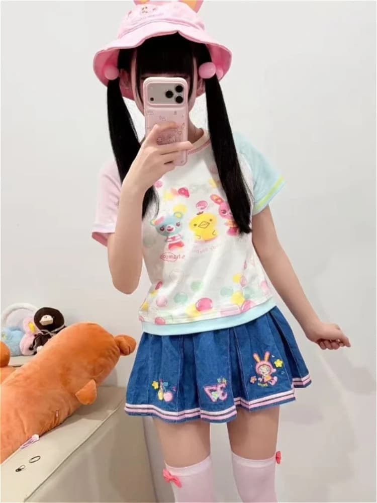 Girls Slim Subculture Two Piece Outfits Y2K Kawaii Japanese Printed Short Crop Tops Mini Skirts Vacation Vintage…