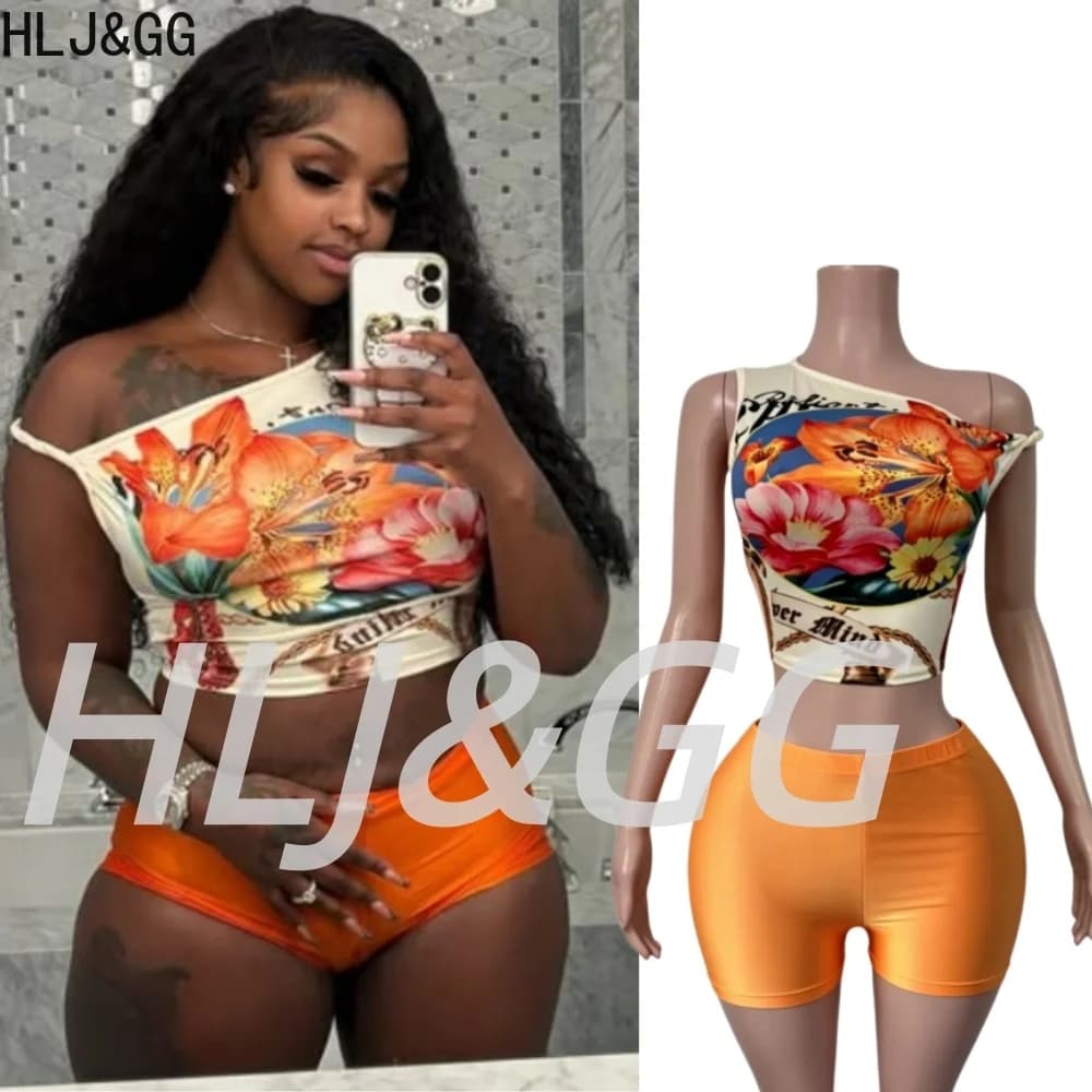 HLJ&GG Trend Fashion Patter Print One Shoulder Tank Top Two Piece Sets Women Sleeveless Crop Top And Shorts Outfits Streetwear