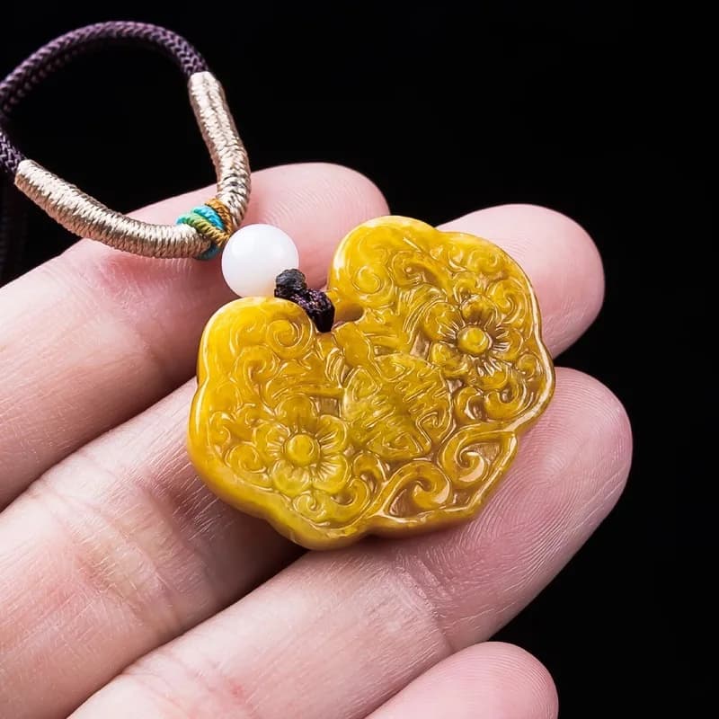 Natural Grade A for Men and Women, ""Flowers Blooming, Fortune Abundant"" Pendant, Burnt Yellow Jadeite, W