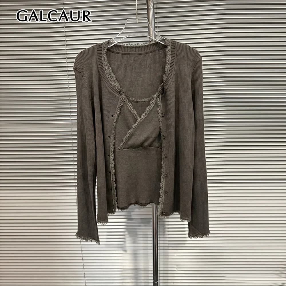 GALCAUR Lace Spliced Button Slimming Solid Two Piece Set for Women Round Neck Sleeveless Vest Knit Jacket Casual Sets…