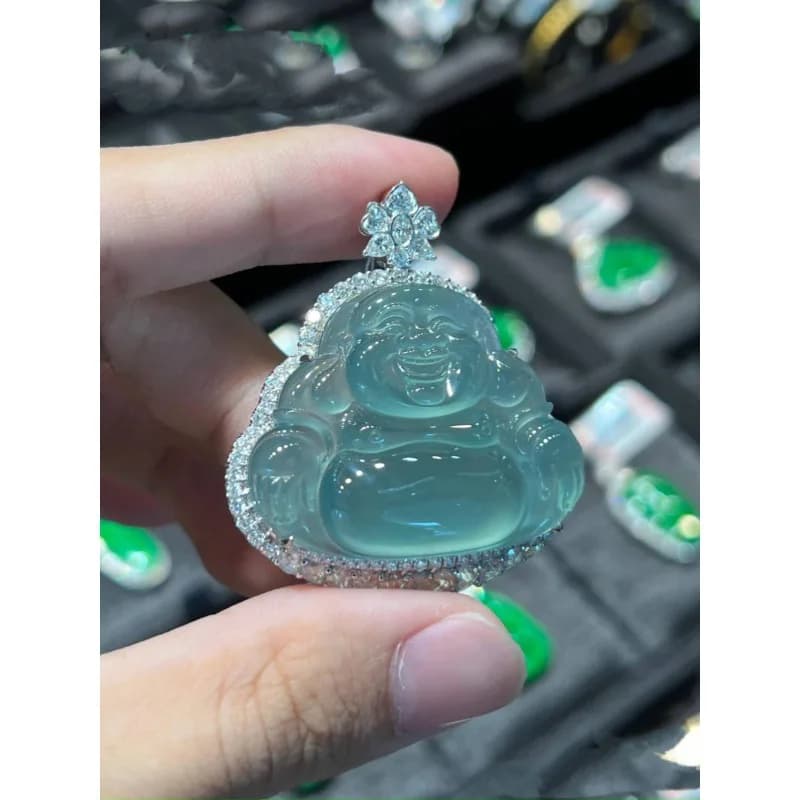 Myanmar natural water jadeite ice pendant, 1K gold inlay with sky blue glass seed Maitreya Buddha