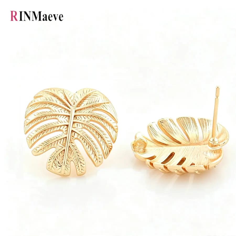 4PCS 18MM 24K Gold Color Plated Brass Leaves Leaf Stud Earrings High Quality Diy DIY Jewelry Making Finding Accessories