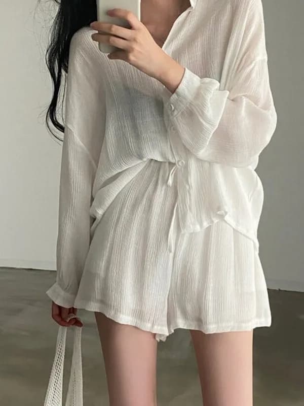 Korean Style Chic Vintage Long Sleeve Shirt Wide Leg Short Pants Casual Set for Women Spring Autumn Winter Streetwear