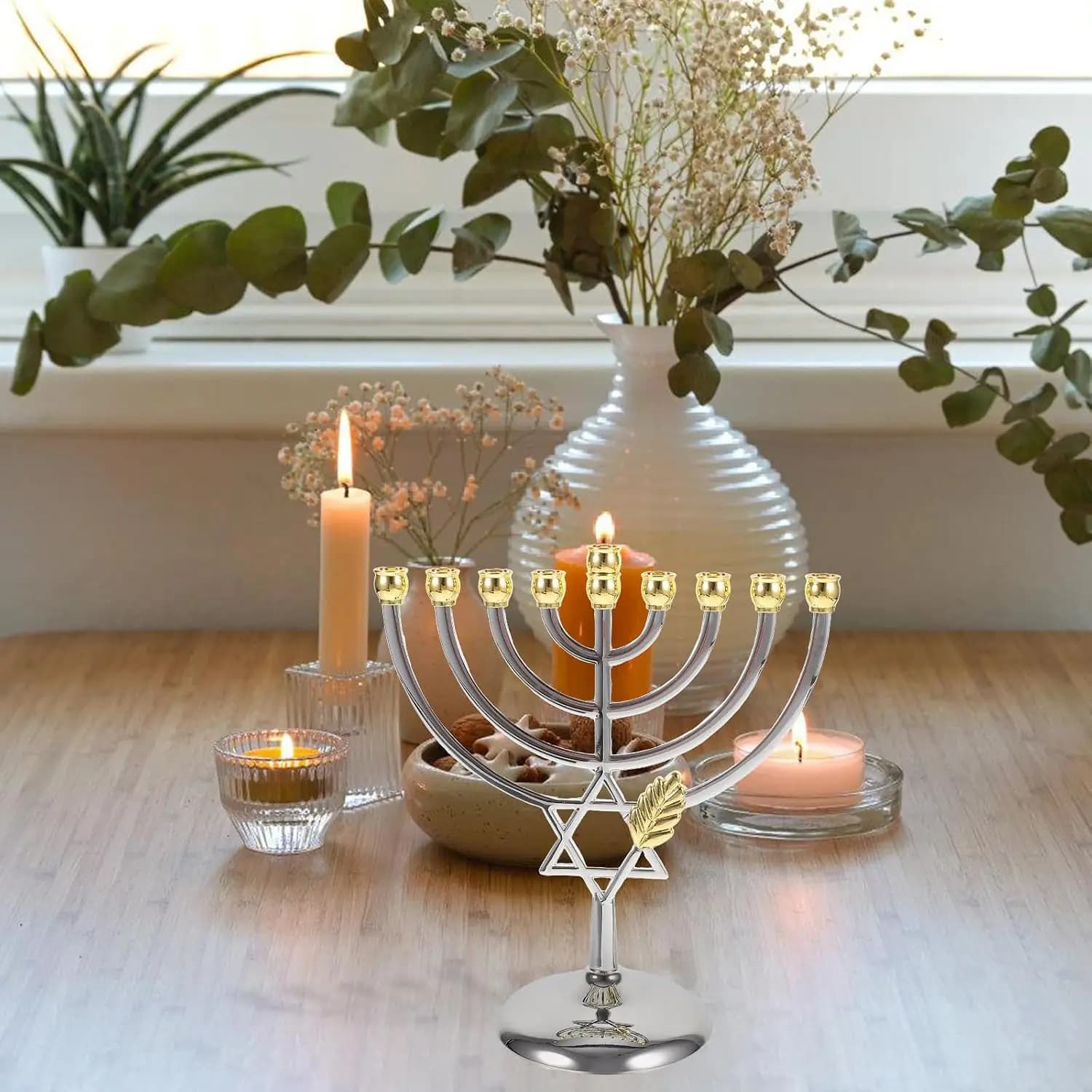9 Branch Hanukkah Menorah Metal Chanukah Candlestick Jewish Star of David Candle Holder Table Centerpiece Home…