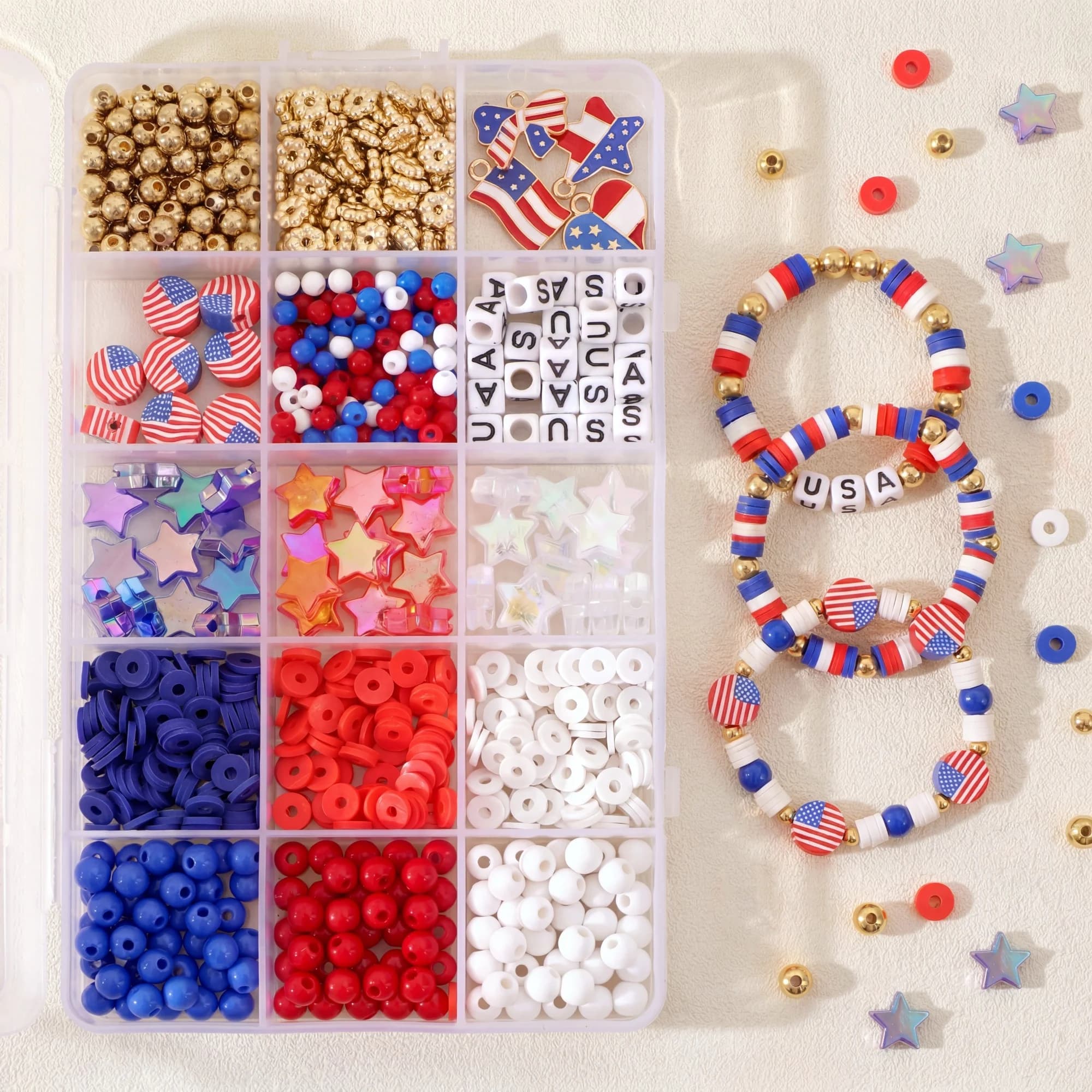 1Set 15/24 Grid DIY Bracelet Material Pack Kit With Scissors - Independence Day Beaded Jewelry Material Pack Patriotic…