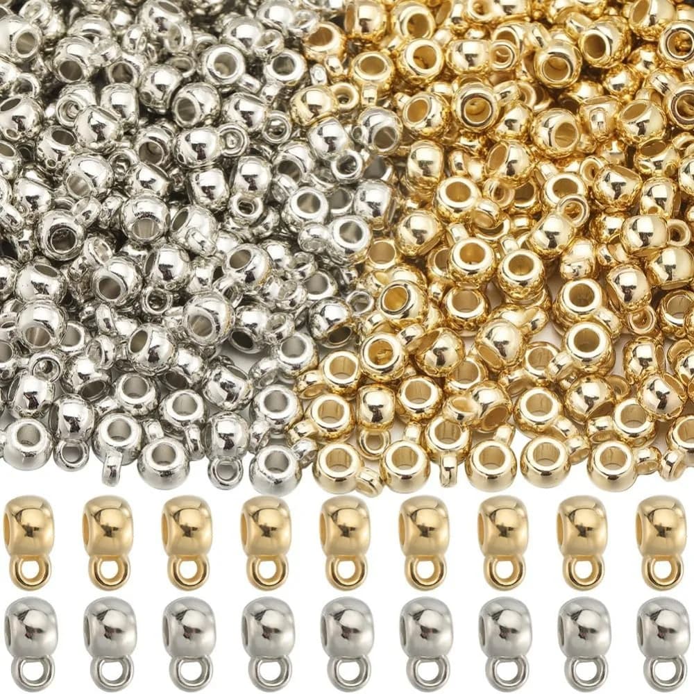 400Pcs Bail Beads Charms Bails Beads Silver Gold Plastic Tube Bail with loop Rondelle Spacer Bead Alloy Connector for making kit