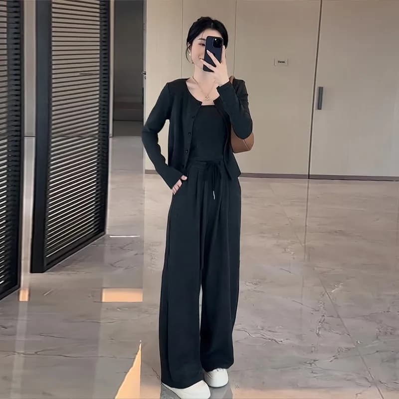 Early Autumn Casual Style Commute Long Sleeve Open Cardigan Tank Top Elastic Waist Wide Leg Pants Three Piece Set Women