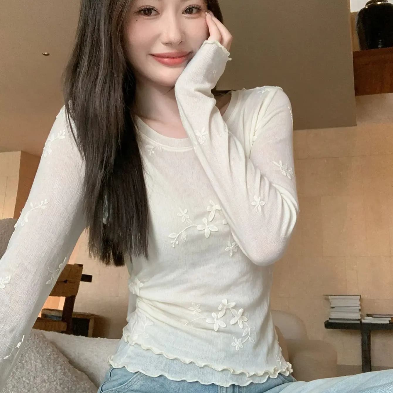 Women Light Apricot 3D Flower Long Sleeve T-Shirt Slim Fit Unique Design Top Autumn Winter Sweet Hot Crop Tee