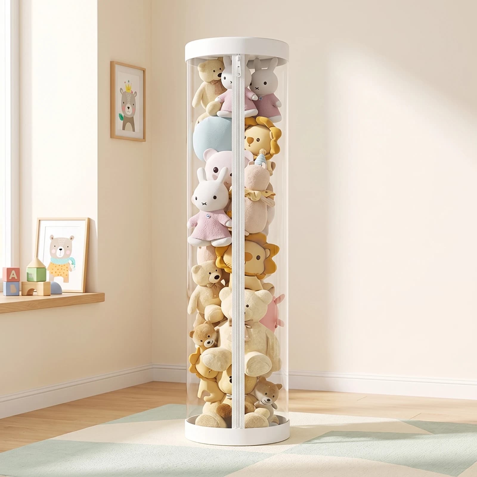 Stuffed Toy Storage Barrel with Zipper Space-Saving Clear Doll Storage Cylinder Stuffed Container Tall Toy Bin Easy…