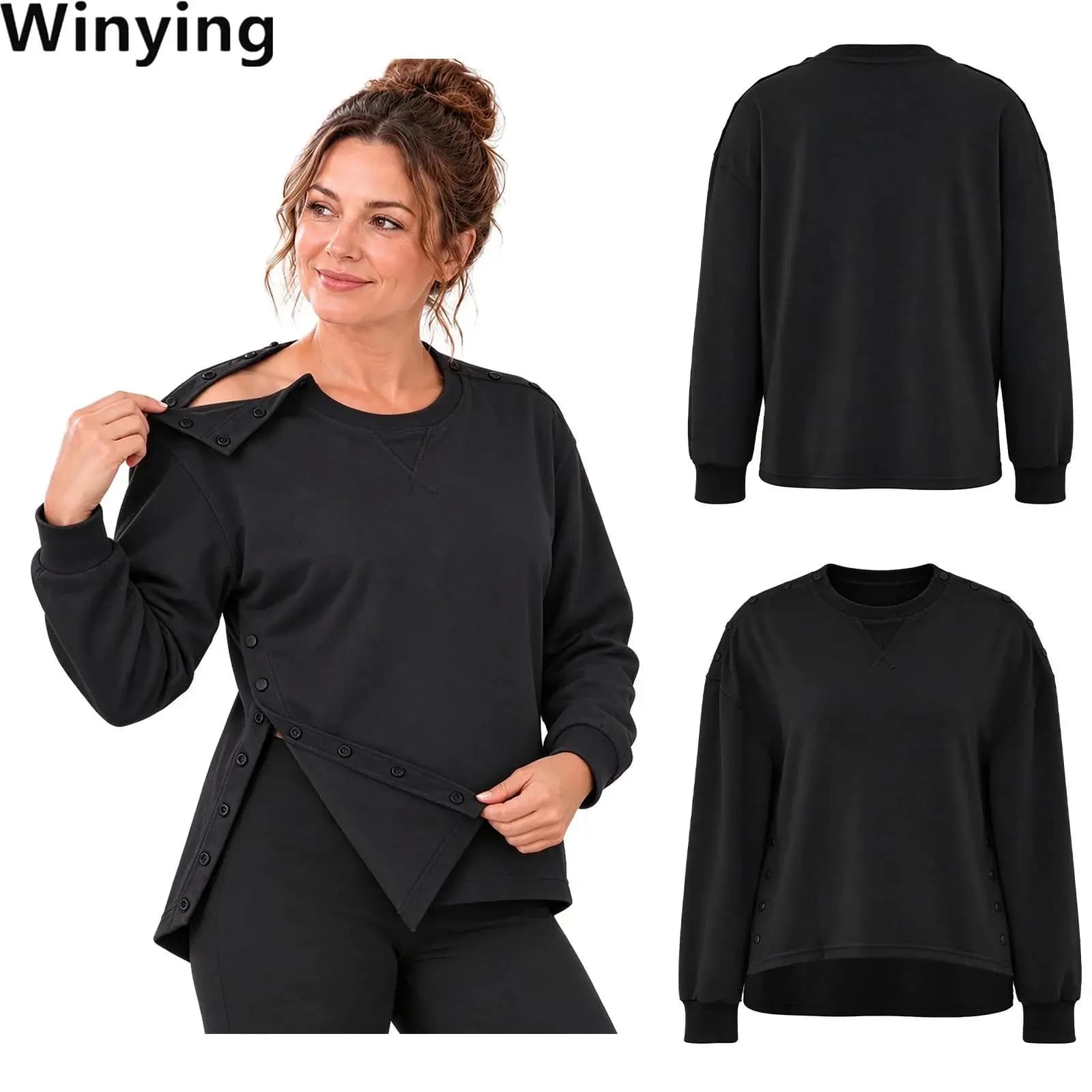 Women Solid Color Adaptive Sweatshirt Post Surgery Recovery Top Long Sleeve Press Buttons Closure