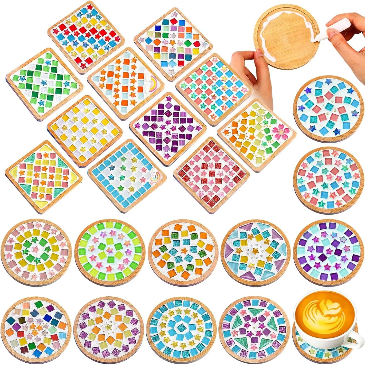DIY Glass Mosaic Tiles for Crafts, Mixed Color Mosaic Kits with Wooden Coaster for Adults, Make Your Own Stained Glass Coaster for Handmade Home Birthday Gifts(Classic Style,22 Sets)