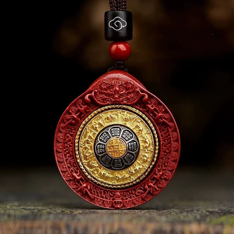 Natural Cinnabar Bagua Pendant Necklace, Rotatable Nine Palace Yin Yang Feng Shui Amulet, Lucky Protection Gift for…