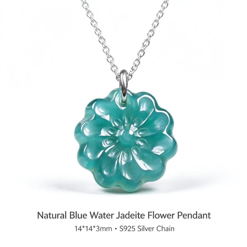 Hand Carved Natural Blue Water Jadeite Flower Pendant S925 Silver Chain Floral Jade Necklace Women Vintage Chinese Jewelry Gift