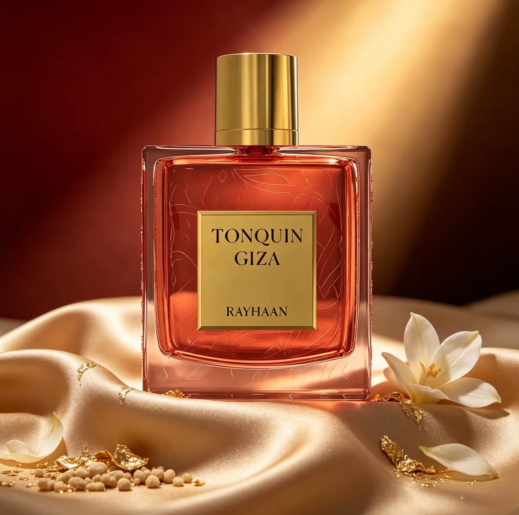 Rayhaan Tonquin Giza 100Ml Eau De Parfum. Red Embossed Gift Box Matches Sunset‑Toned Perfume Bottle With Luxurious Texture. Warm Rich Scent, Ideal For Collection And Premium Gifting For Gentlemen.