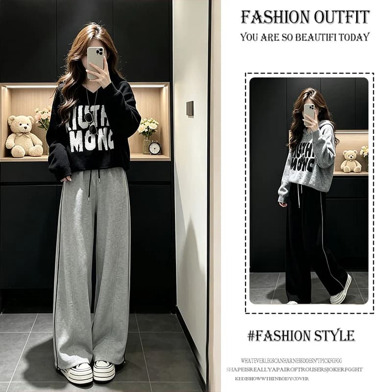 Loose Korean Style Women's Autumn Winter Fashion Set High Waist Wide Leg Pants And Hoodie Two Piece Set Casual Comfortable