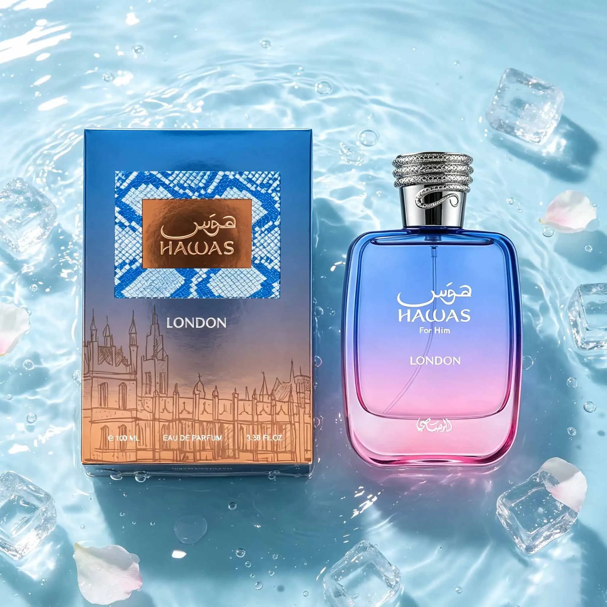 Hawas London For Him Perfume 100Ml, Blue‑Pink Gradient Transparent Bottle With Silver Braided Cap, Citrus‑Fruit Opens Bright Prelude, Lavender Vetiver Sandalwood Unfolds, Create Urban Men Signature Sc
