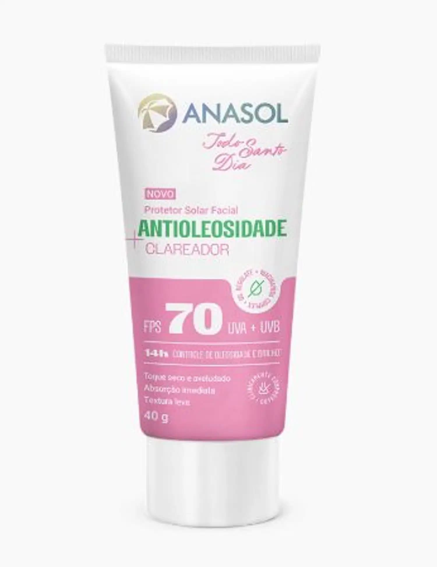 Protetor Solar Facial Todo Santo Dia Antioleosidade Clareador FPS 70 - Anasol 40g