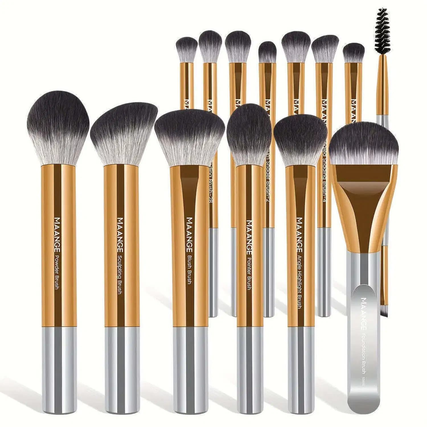 Kit 14 Pincéis Maquiagem MAANGE Base Sombra Corretivo Blush Premium - Dourado Prateado