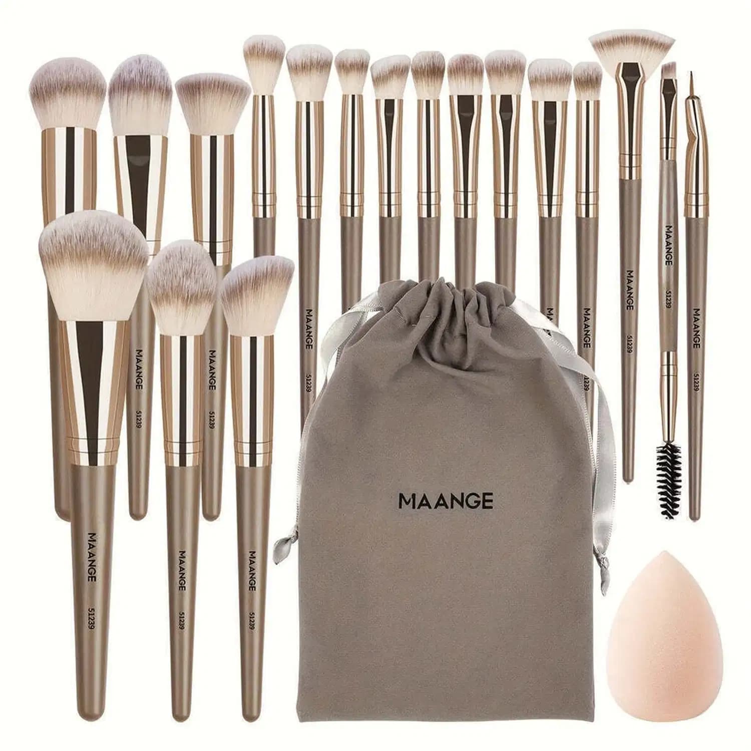 Kit Profissional MAANGE 20 Pincéis de Maquiagem Bolsa Veludo e Esponja Champanhe