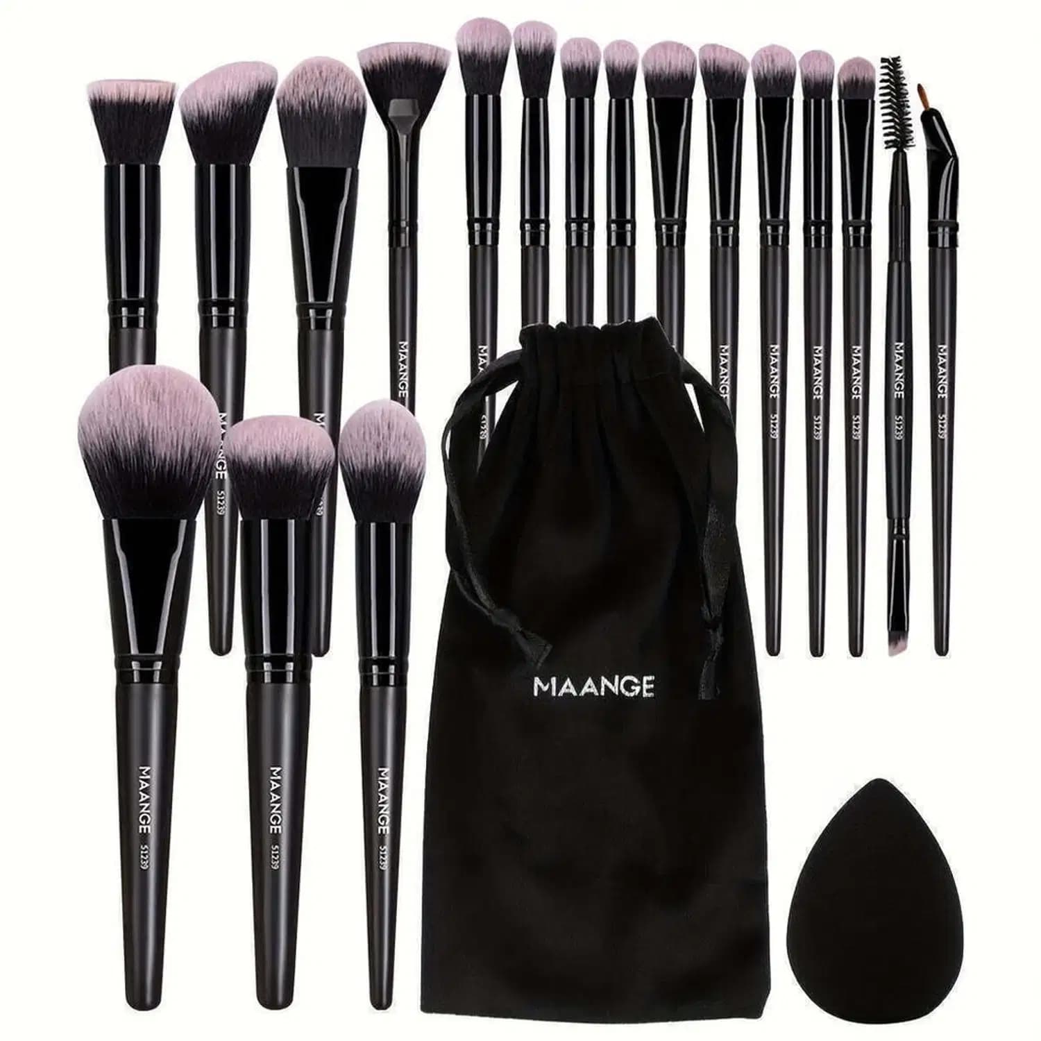 Kit Profissional MAANGE 20 Pincéis de Maquiagem Bolsa Veludo e Esponja Preto