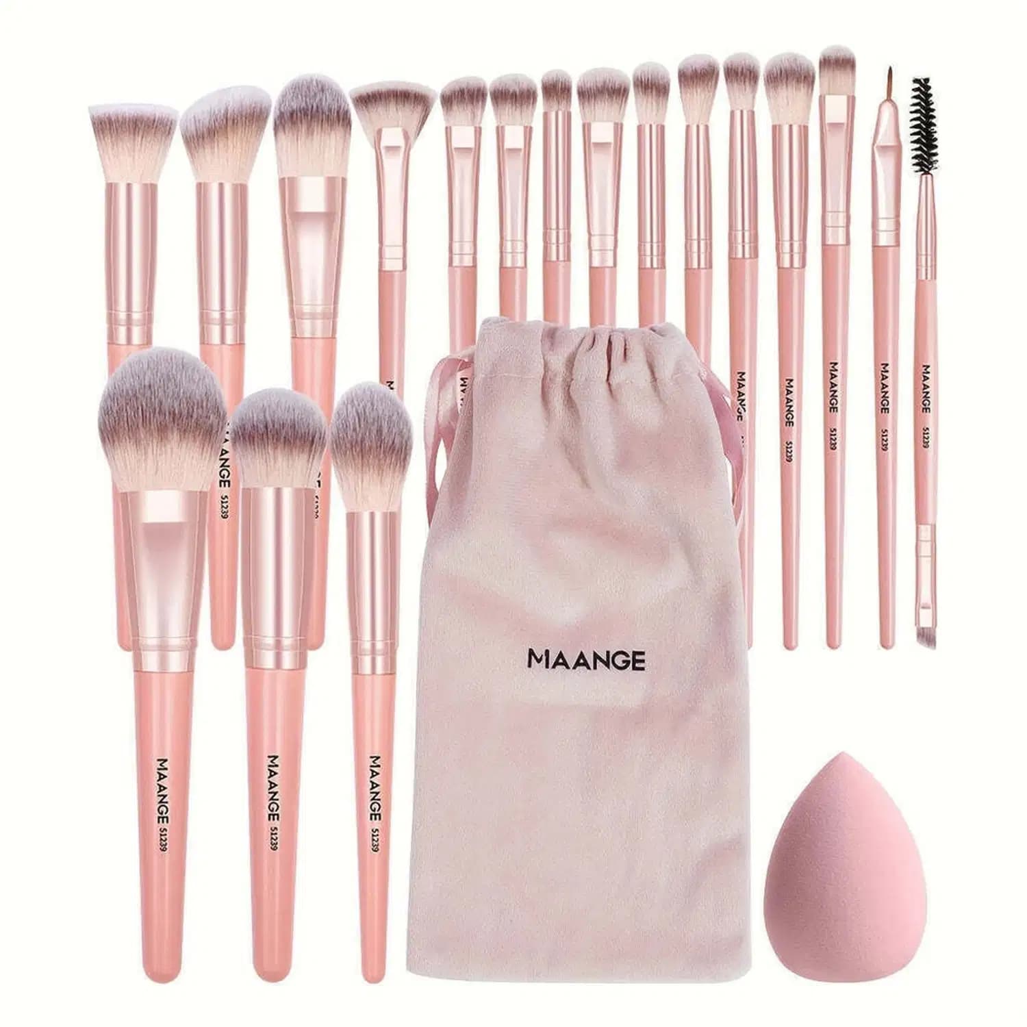 Kit Profissional MAANGE 20 Pincéis de Maquiagem Bolsa Veludo e Esponja Rosa