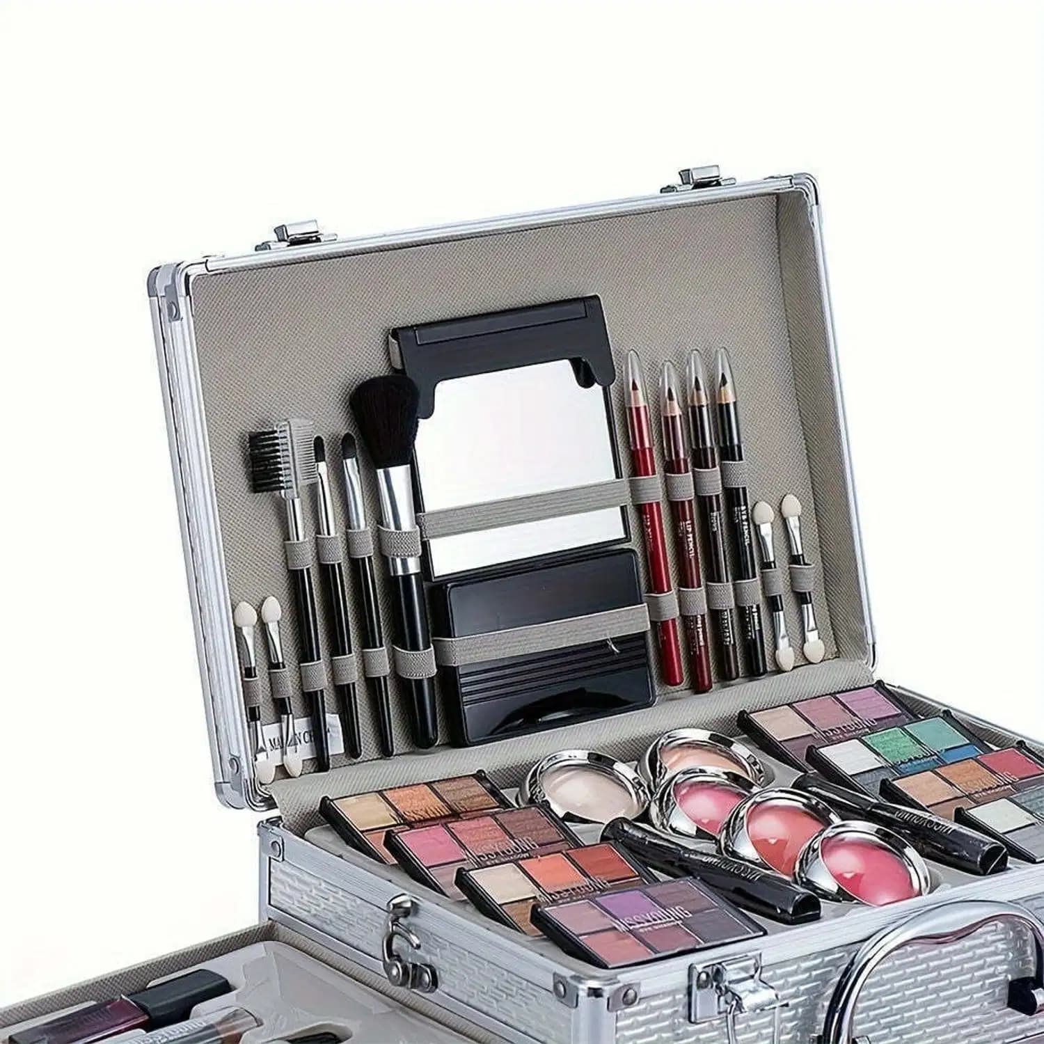 Kit de Maquiagem 106 Peças Estojo Sombra, Gloss Labial, Blush Prateado