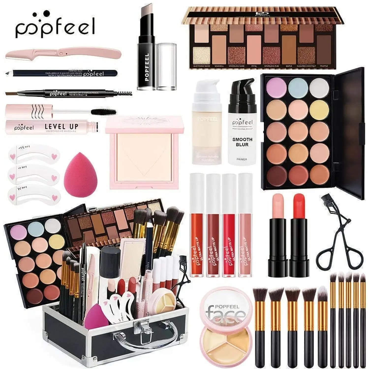 Kit de Maquiagem Completo POPFEEL com sombras, blushes, bastões, pincéis KIT102A