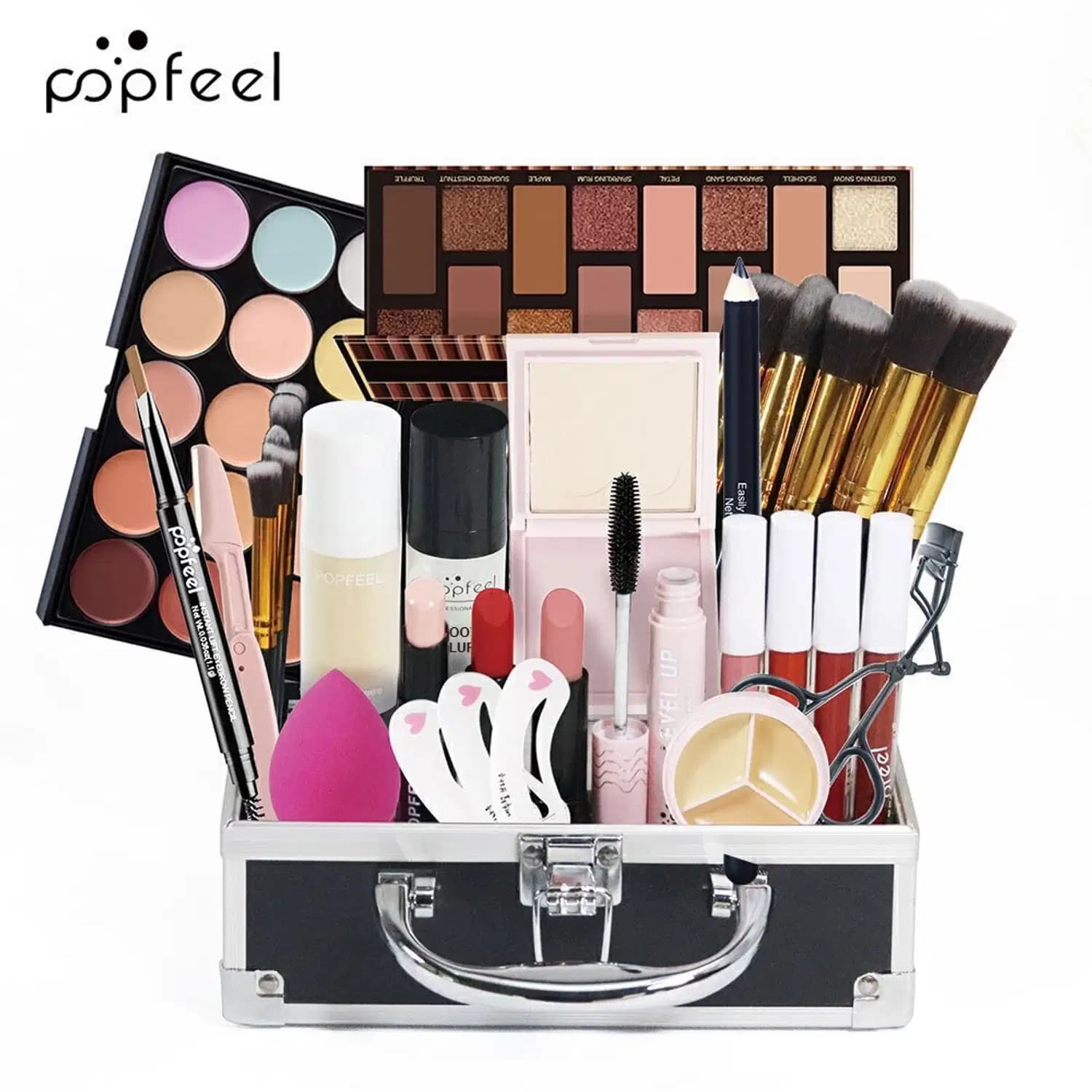 Kit de Maquiagem com Maleta sombras, blushes, bastões, pincéis 4