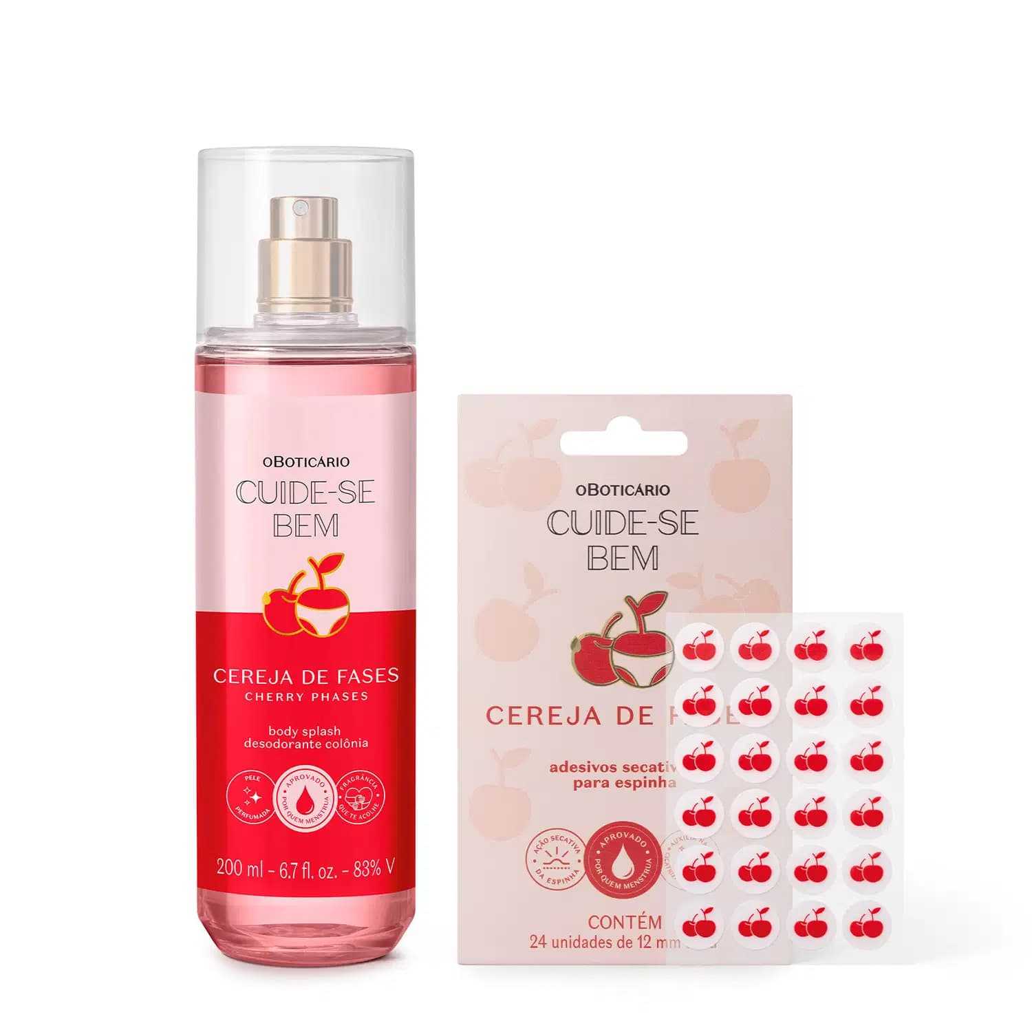 Kit Cuide-se Bem Cereja De Fases o Boticário - Body Splash 200ml + Adesivos Secativos Para Espinha