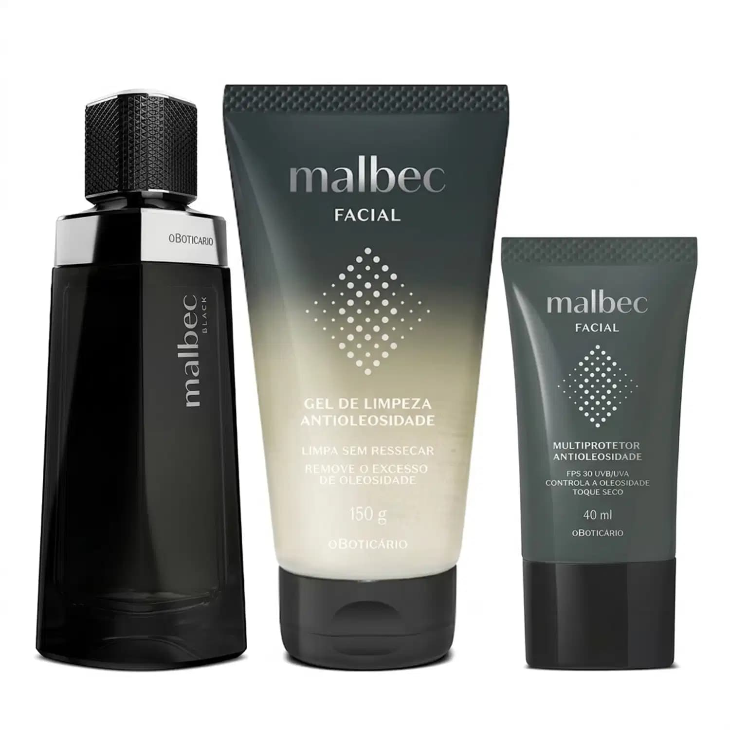 Combo Malbec: Malbec Black 100ml + Gel de Limpeza Facial 150g + Multiprotetor FPS30 40ml