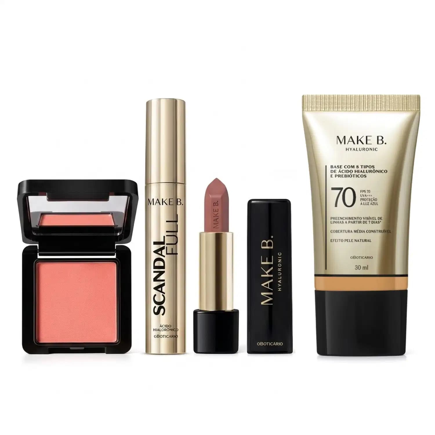 Combo Make B.: Blush Em Pó Compacto Rubor + Máscara de Cílios Scandal + Batom Cremoso Rosa Rose + Base Líquida FPS 70 205N