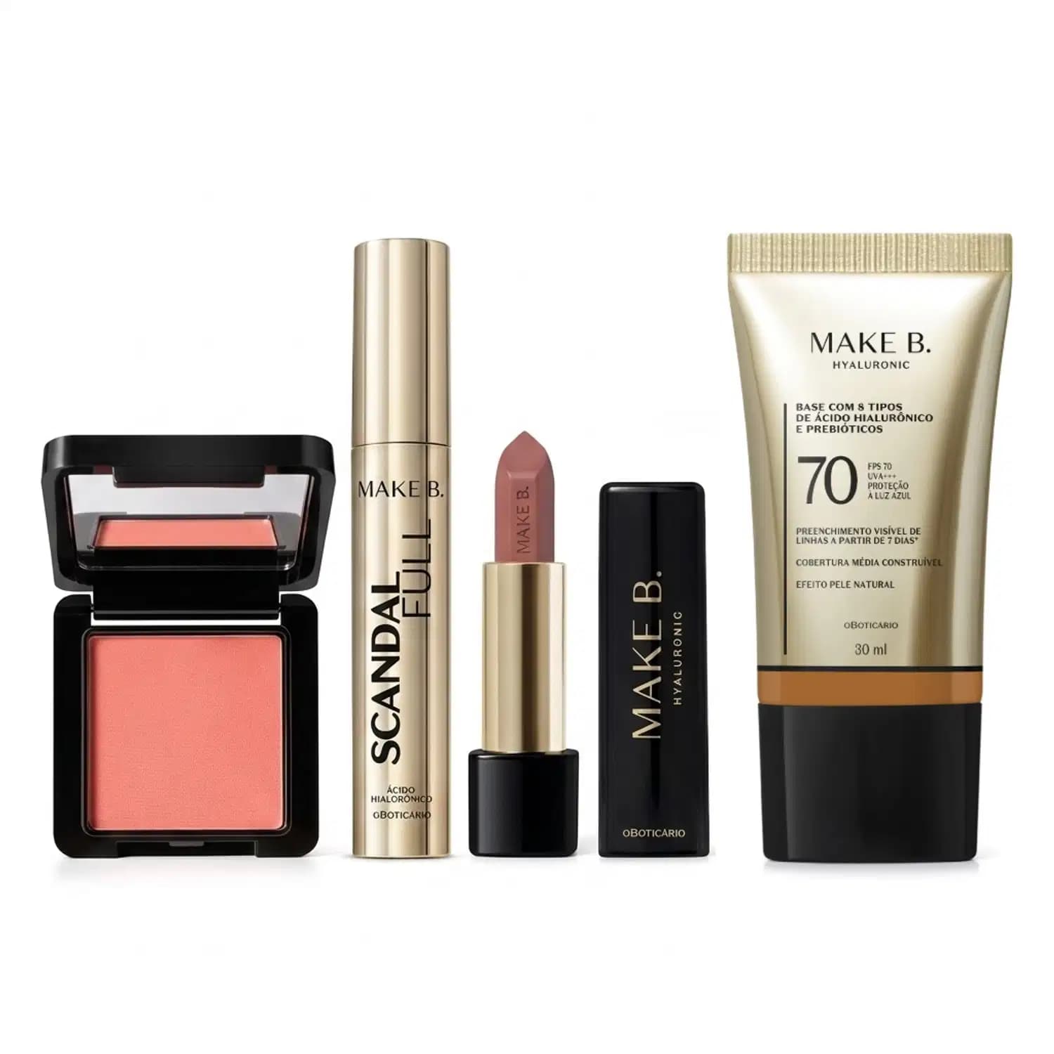 Combo Make B.: Blush Em Pó Compacto Rubor + Máscara de Cílios Scandal + Batom Cremoso Rosa Rose + Base Líquida FPS 70 285N