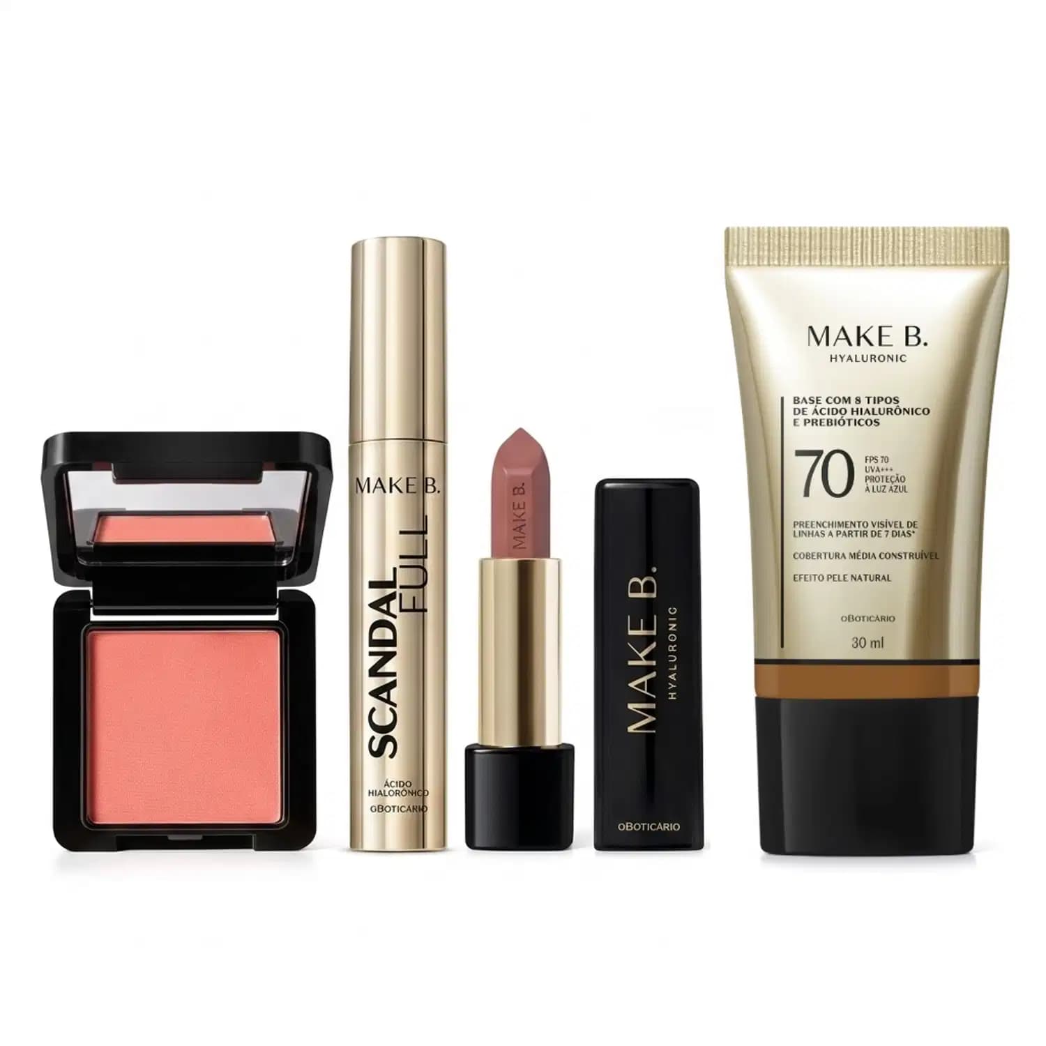 Combo Make B.: Blush Em Pó Compacto Rubor + Máscara de Cílios Scandal + Batom Cremoso Rosa Rose + Base Líquida FPS 70 290N