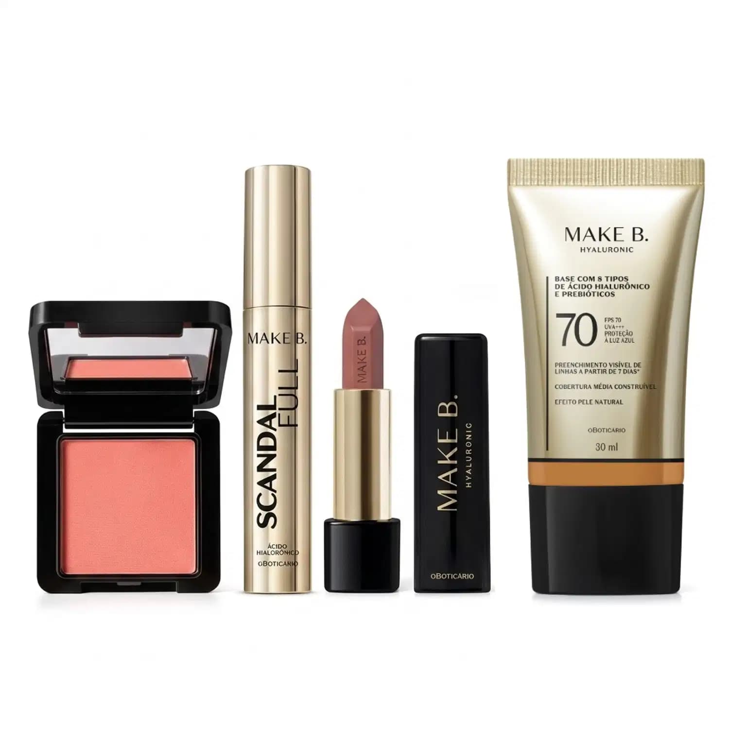 Combo Make B.: Blush Em Pó Compacto Rubor + Máscara de Cílios Scandal + Batom Cremoso Rosa Rose + Base Líquida FPS 70 270Q