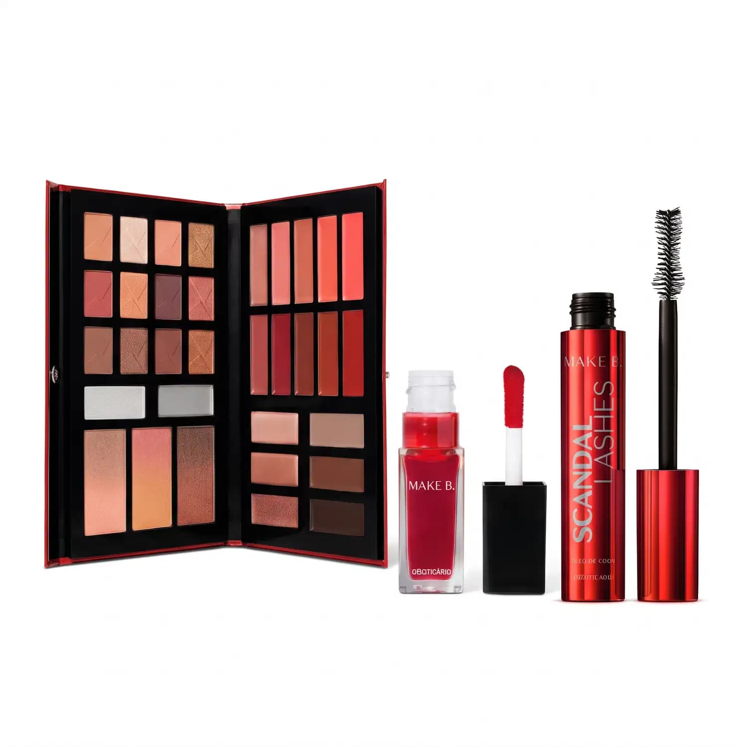 Combo Make B. Scandal: Paleta De Maquiagem Multifuncional 55,7g + Lip Tint Vermelho 7ml + Máscara de Cílios 10g