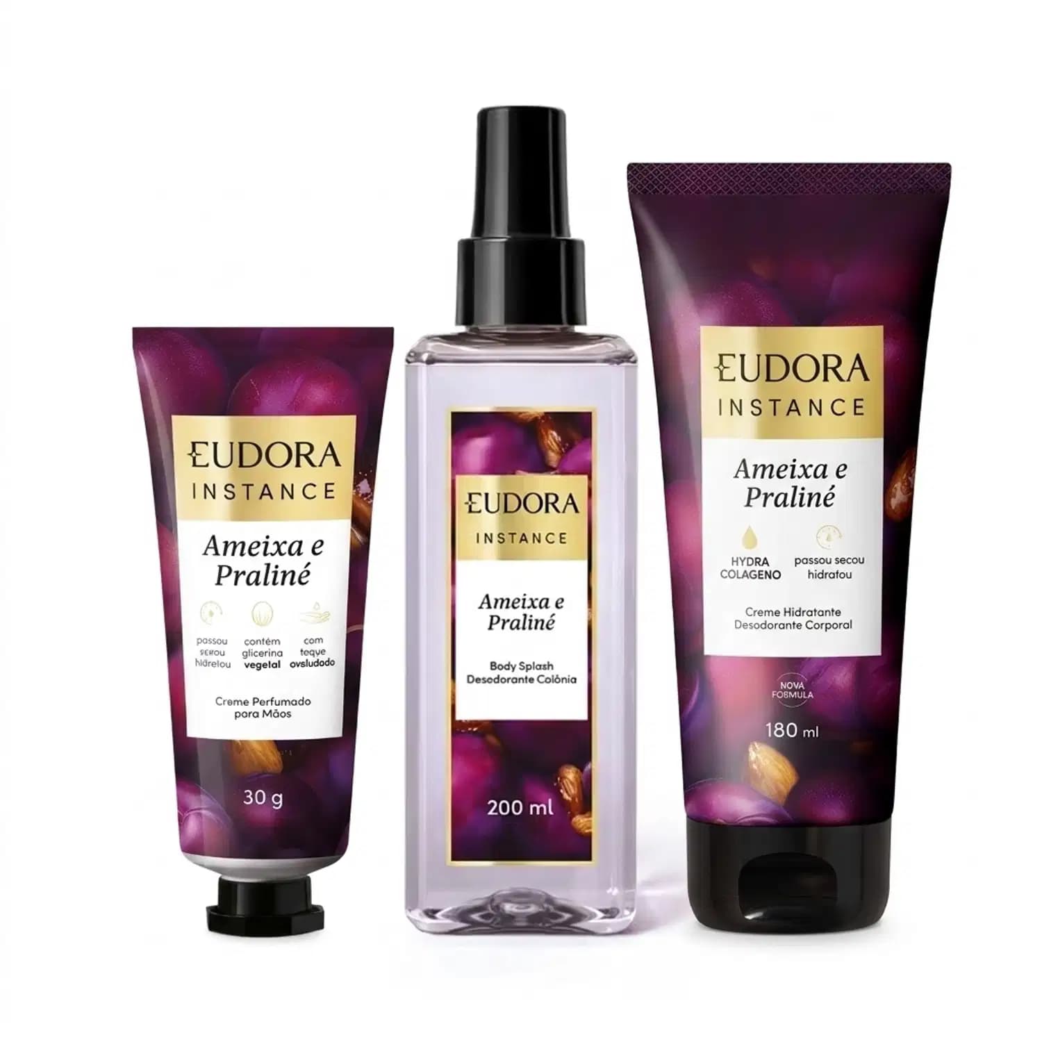 Combo Instance Ameixa e Praliné: Creme Mãos 30g + Body Splash 200ml + Creme Corporal 180ml
