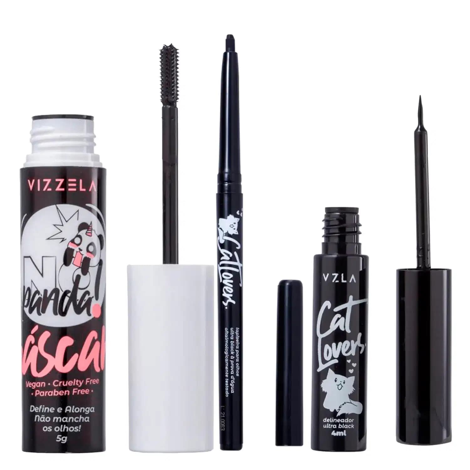 Kit Vizzela Máscara de Cilios No Panda Black + Delineador Ultra Black + Lapiseira Ultra Black