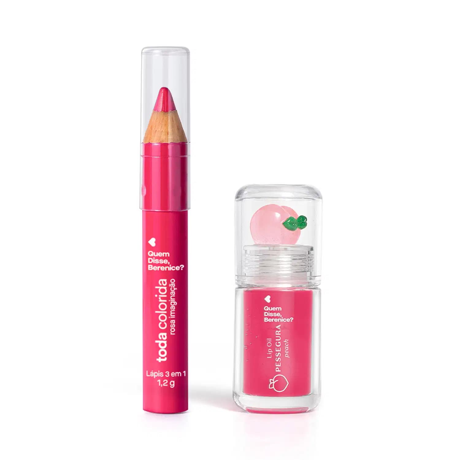 Combo Rosa Quem Disse, Berenice?: Lip Oil Cuide-se Bem Pessegura 3,5ml + Lápis Multifuncional 3 Em 1 Toda Colorida 1,2g