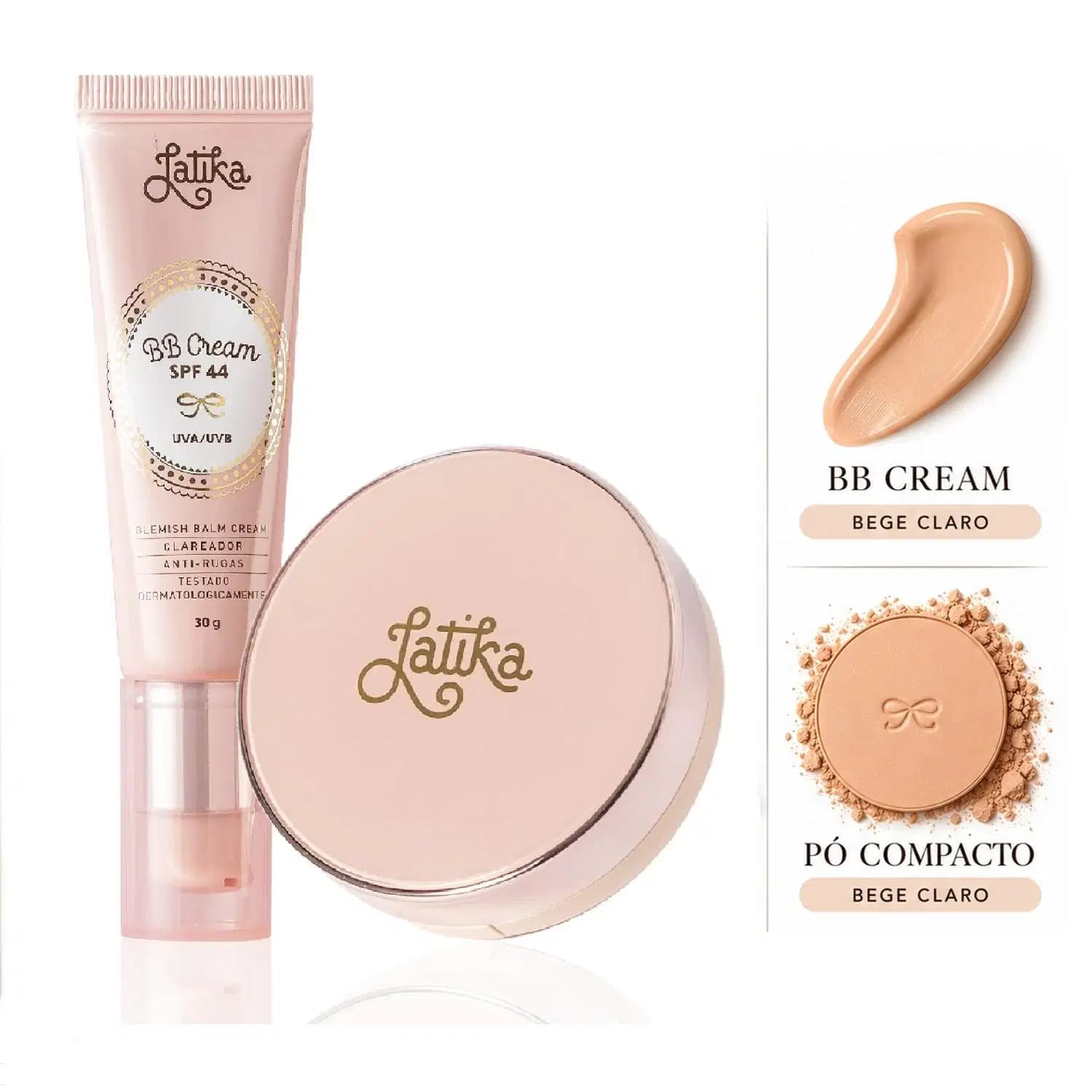 Kit Maquiagem Latika BB Cream FPS 44 + Pó Compacto Powder FPS 30 Maquiagem Facial Cor Bege Claro