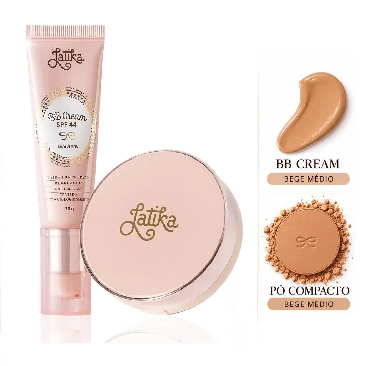 Kit Maquiagem Latika BB Cream FPS 44 + Pó Compacto Powder FPS 30 Maquiagem Facial Cor Bege Médio