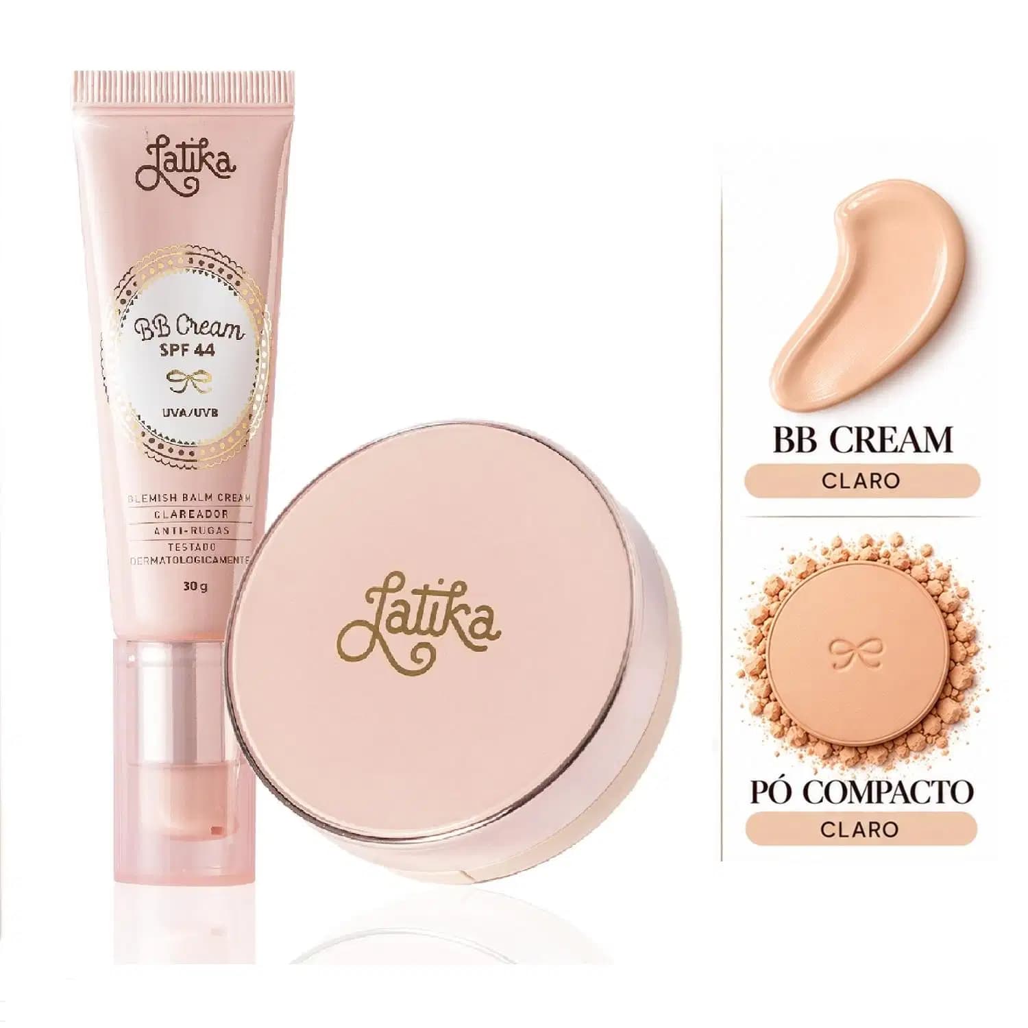 Kit Maquiagem Latika BB Cream FPS 44 + Pó Compacto Powder FPS 30 Maquiagem Facial Cor Claro
