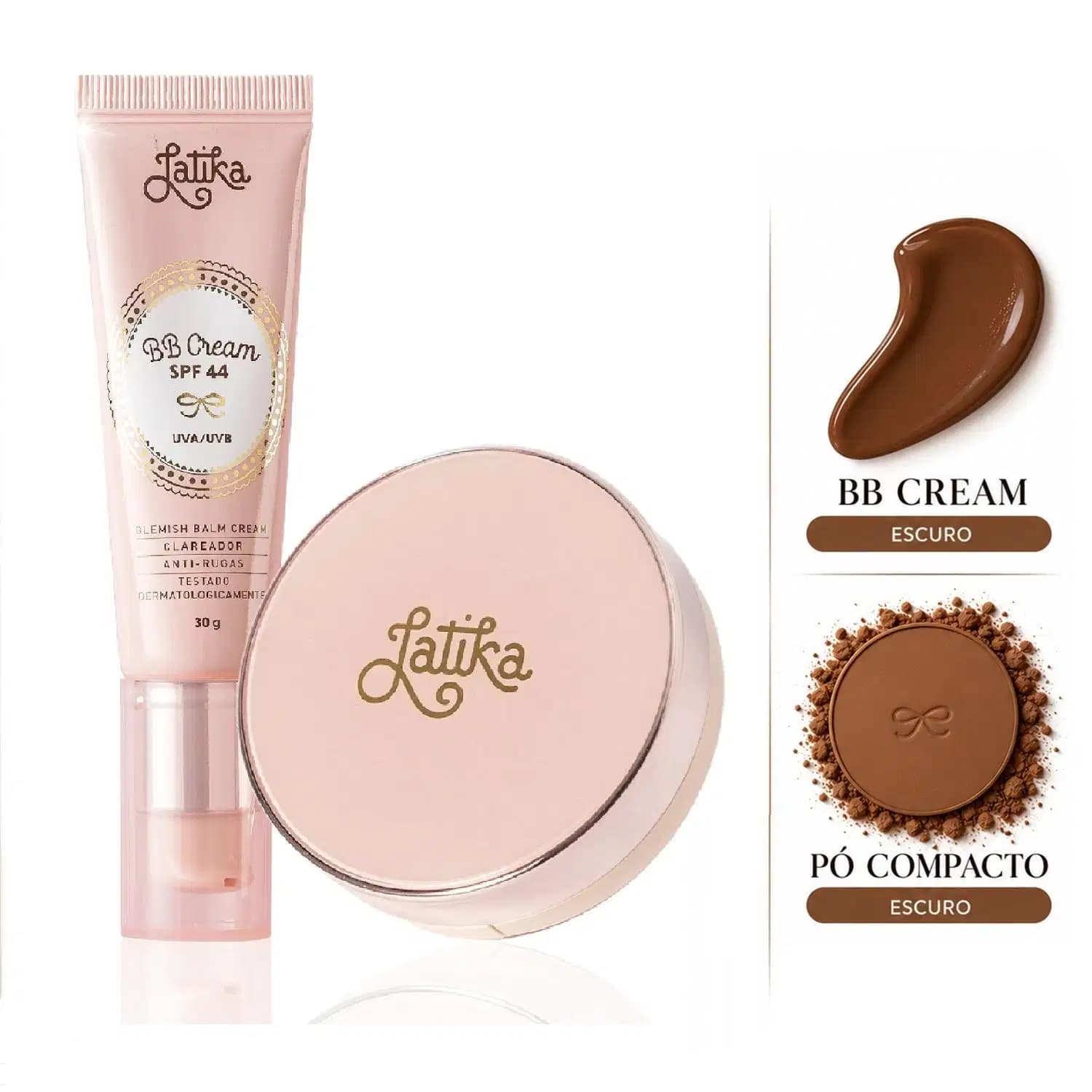 Kit Maquiagem Latika BB Cream FPS 44 + Pó Compacto Powder FPS 30 Maquiagem Facial Cor Escuro