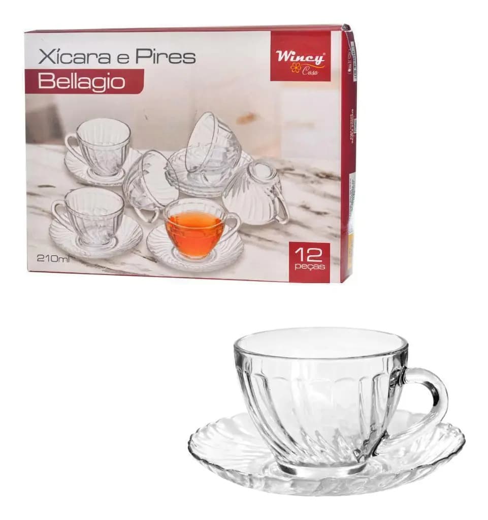 Kit Jogo Xícaras Pires Vidro Transparente 210ml Bellagio Wincy Casa
