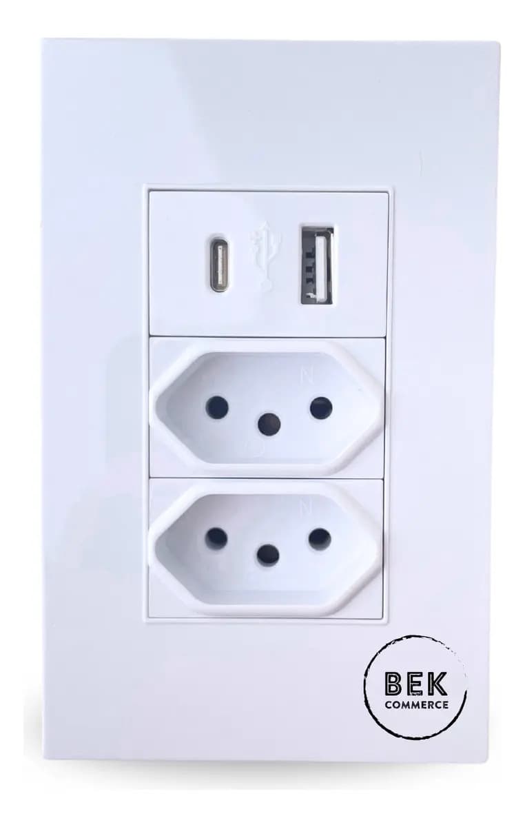 Tomada Dupla Bivolt Bekcommerce com Carregador Turbo USB-C e USB Branco
