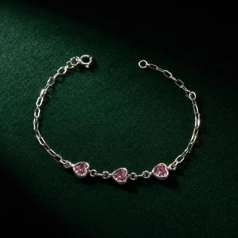 Pulseira Feminina Prata 925coração Cores Rosa